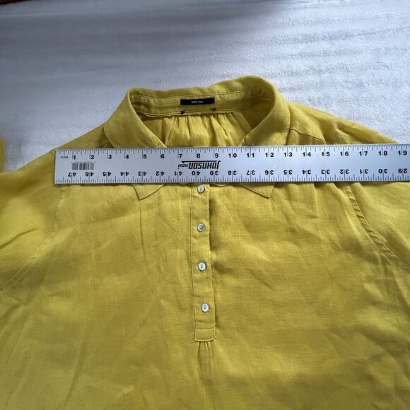 Womens Yellow Linen Button Up Tunic Shirt Top Roll-Tab Sleeve Casual Lightweight - Picture 4 of 6